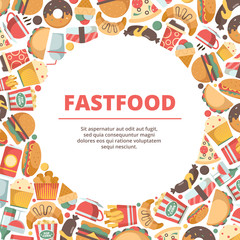 Fast food circle background. Burger meal cold drinks ice cream pizza and sandwich vector colored flat illustrations. Sandwich and burger, sausage and lunch, ice cream