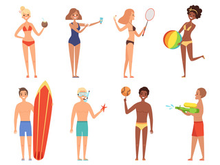 Summer holiday characters. Woman in bikini have a rest on the beach girls in swimsuit playing vector cartoon people. Illustration of man and woman in swimsuit with cocktail or surfboard