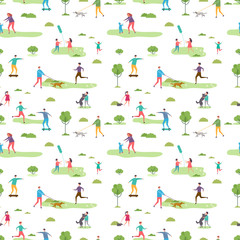 Outdoor activity seamless pattern. Cartoon characters walking peoples and kids vector illustration. Outdoor walk people in park seamless background