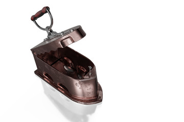 3d rendering top view of the antique rusty coal iron with wooden handle, isolated on white background with clipping paths.