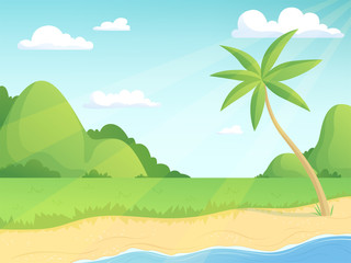 Fototapeta na wymiar Summer landscape. Green hills palm tree and seaside with grass and water simple outdoor illustration vector cartoon background. Illustration of green palm and grass landscape