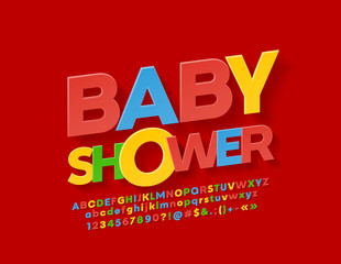 Vector colorful card Baby Shower with flat bright Font. Modern Alphabet Letters, Numbers and Symbols