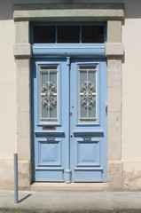 Retro style blue wooden front door