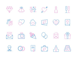 Wedding icon collection. Bride bouquet invitation party gifts wedding items cakes camera photography technic vector thin symbols. Wedding marriage, envelope and bouquet, heart and cake illustration