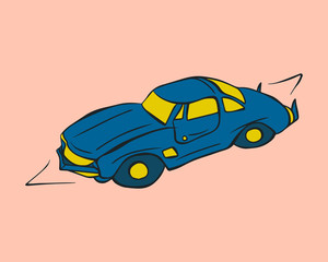 Cartoon style vector illustration of blue, yellow car. Great design elements for sticker, card, print or poster. Unique and fun drawing isolated on pink background. Auto, transportation
