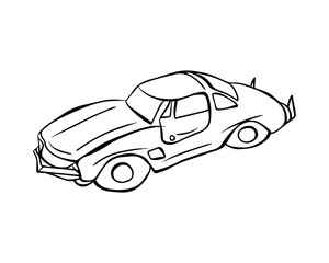 Cartoon style vector illustration of black and white car. Great design elements for sticker, card, print or poster. Unique and fun drawing isolated on background. Auto, transportation