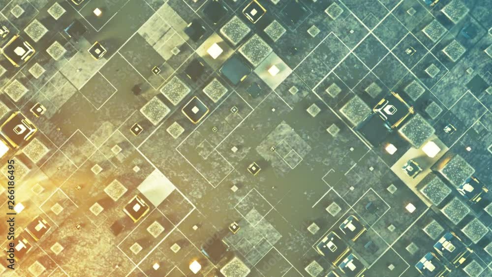 Poster teal yellow wall with chaotic cubes. abstract science fiction or space technology motion background.