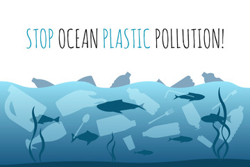 Stop ocean plastic pollution. Plastic garbage bag, bottle in the ocean graphic design. Water waste problem creative concept. Eco problem banner with restrictive sign.