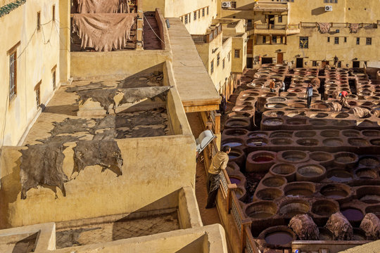 old architecture at leather tannery in fez morocco