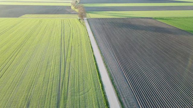 Drone flight over agricultural fields on the country side east of Munich the capital of Bavaria in Germany