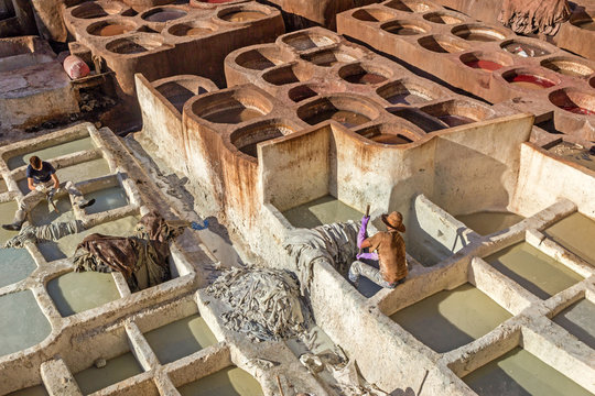 people working at leather tannery in fez morocco