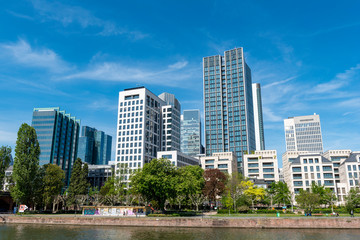 Die Skyline der Frankfurter Innenstadt vom Main aus gesehen