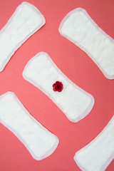 women's sanitary pads and red flower on pink background