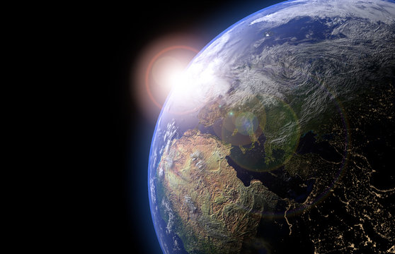The Earth globe from Space in showing the terrain and clouds. High Resolution Planet Earth view. 3d render Illustration. Elements of this image are furnished by NASA