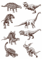 Graphical vintage set of dinosaurs ,vector illustration, anthropology © Алексей Воробьёв
