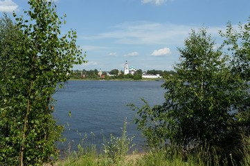 View of the Holy Vvedensky Tolga Women's Monastery from the opposite bank of the Volga River in Yaroslavl