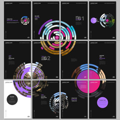 Minimal brochure templates with pink colorful circle elements, round shapes on black background. Covers design templates for flyer, leaflet, brochure, report, presentation, advertising, magazine.