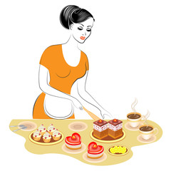 Profile of a beautiful lady. The girl is preparing food. Prepares a sweet festive table with a cake and tea or coffee. A woman is a good housewife. Vector illustration