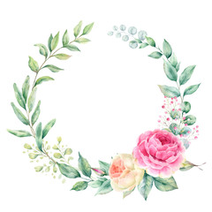 Watercolor hand painted frame with tropical green leaves and flowers. Frame for wedding invitations, save the date or greeting cards..