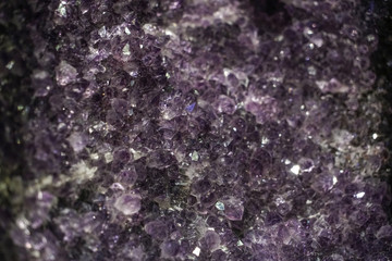 Obraz premium Amethyst cluster rough crystals close up in low light background