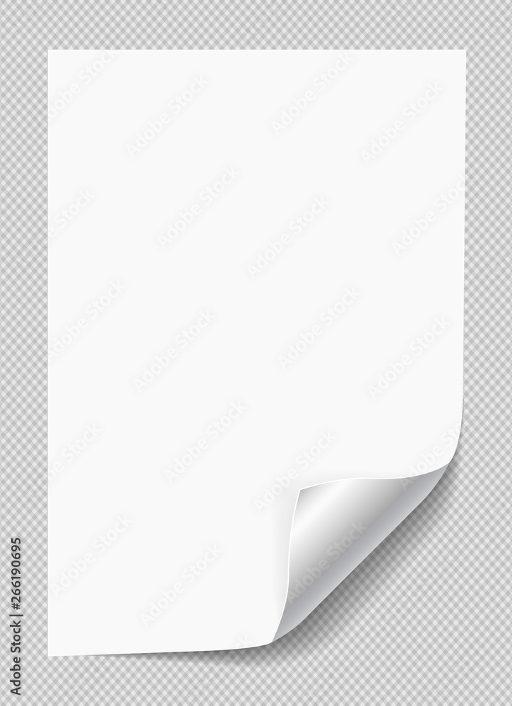 Poster white notebook paper with curled corner for text or advertising message on gray squared background