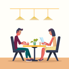 Young man and woman in a cafe and drinks coffee. Vector illustration with the interior of a cafe, restaraunt. Cartoon flat style