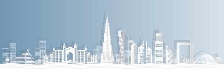 Dubai city in a panoramic view with the city skyline with important landmarks and world famous Vector style paper cut-  illustration Vector