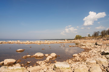 Stones balance on the beach. Place on Latvian coasts called Veczemju klintis