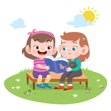 recommend clip art: kids girls read book vector illustration
