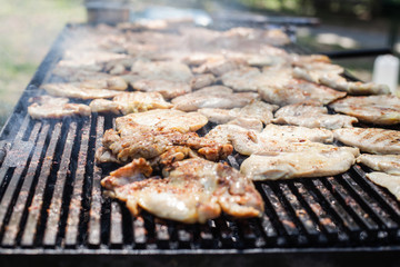 Grilled chicken meat on barbecue outdoor