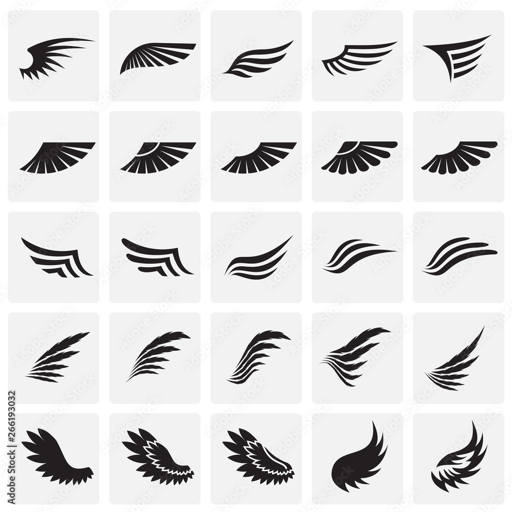 Poster wings icons set on sqaures background for graphic and web design. simple vector sign. internet conce