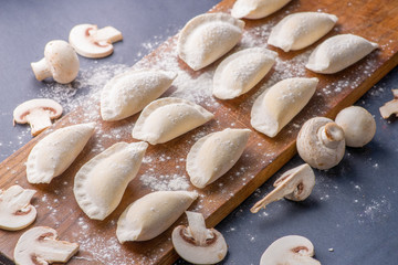 Frozen dumplings on a cutting board. Ingredients and flour around on background.