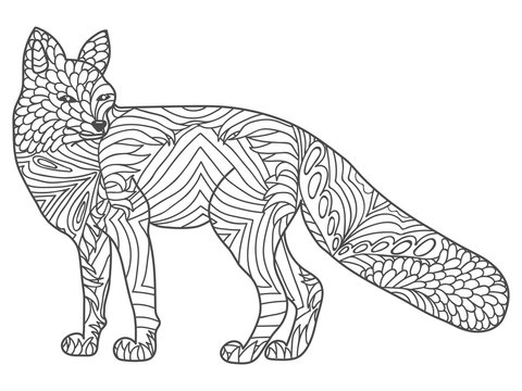 Zentangle vector happy Fox for adult anti stress coloring pages. Ornamental tribal patterned illustration for tattoo, poster, print. Hand drawn sketch isolated on white background.