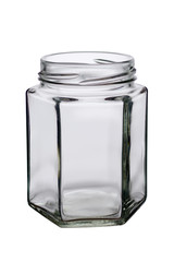 the opened glass jar of an unusual form with sides on a white background