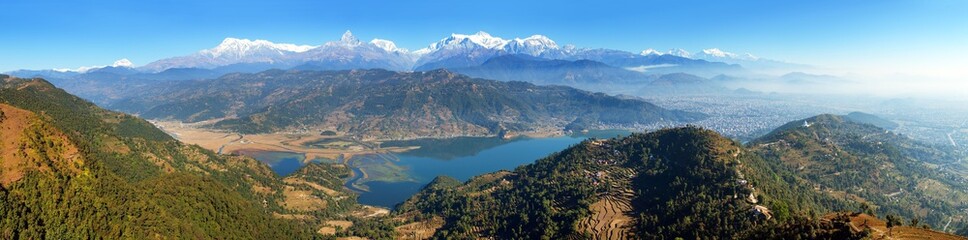 Naklejka na ściany i meble Panoramic view of Annapurna Dhaulagiri and Manaslu himalayan range, Pokhara and Phewa lake, Pokhara valley, Nepal Himalayas 