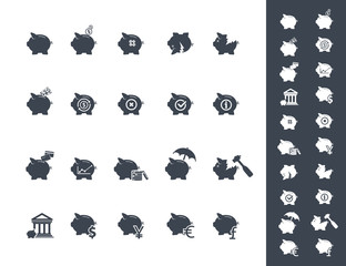 Piggy Bank Symbol of Money Finance Investment Black Icons Set. Vector