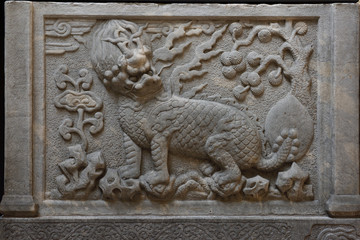 Carved limestone mythical creature from tomb gate panel Qing Dynasty China