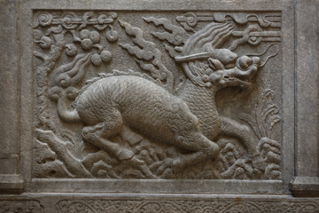 Carved limestone mythical creature from tomb gate panel Qing Dynasty China
