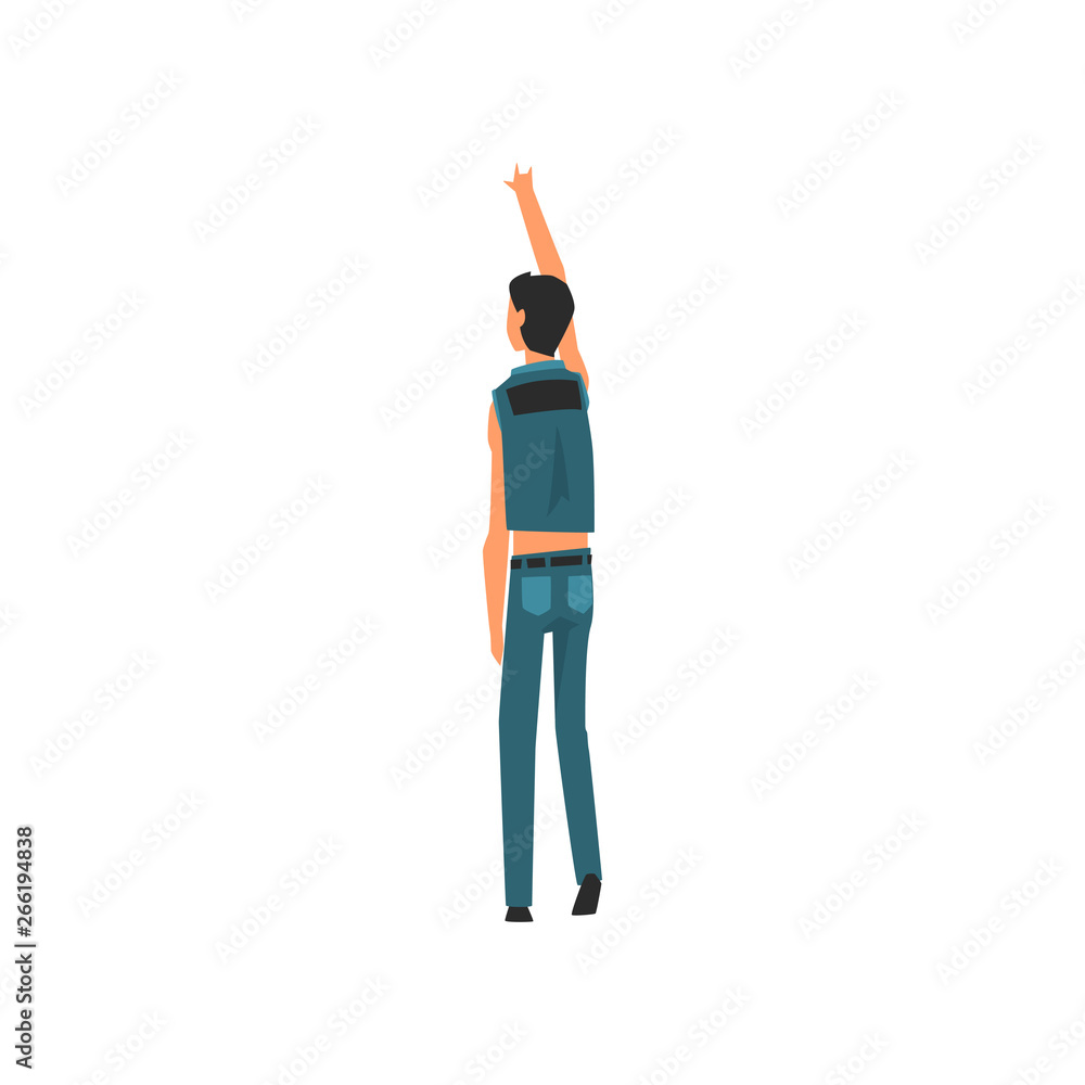 Sticker Male Clubber Standing with Raising Hand at Open Air Concert, Rock Fest, Outdoor Summer Music Festival, View From the Back Vector Illustration