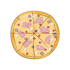 Ready pizza with ham and olives. Vector illustration.