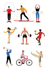Fototapeta na wymiar Collection of People Doing Different Kinds of Sports, Female and Male Professional Athletes Characters in Sportswear, Active Healthy Lifestyle Vector Illustration