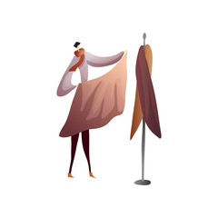 Fashion designer puts the cloth to the dummy. Vector illustration on white background.