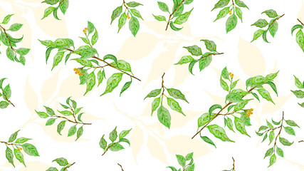 Botanical background, laurel, ficus, tea. Green spring leaves. Watercolor seamless pattern. Design element for cover, invitation, booklet, printing.