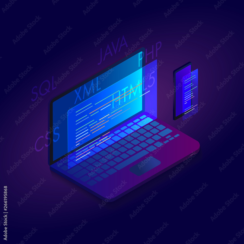 Poster web development isometric modern flat design. software developer concept icon with laptop and phone 