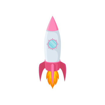 Blue rocket with porthole and pink nose. Vector illustration.