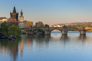 Beautiful architecture of the Charles bridge in Prague at sunrise, Czech Republic