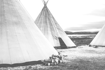 Trip to Nordkapp, white tepee indian tent black and white