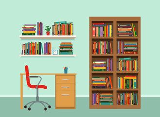interior cabinet with a bookcase and shelves, furniture. flat vector