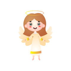 Happy cute girl in angel costume, ready for holiday