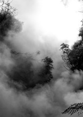 Sun bursting through the steam of a geothermal river in black and white